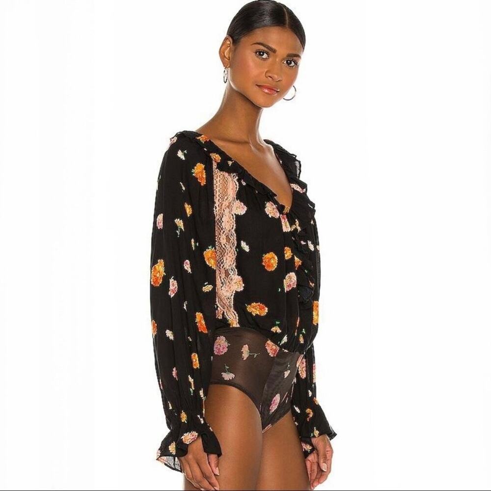 NWOT FREE PEOPLE Poppy Printed Bodysuit In Black Combo